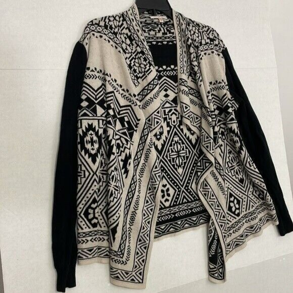 Skies Are Blue Waterfall Cardigan Sweater, Aztec Design, Cream & Black, Medium - Picture 2 of 8